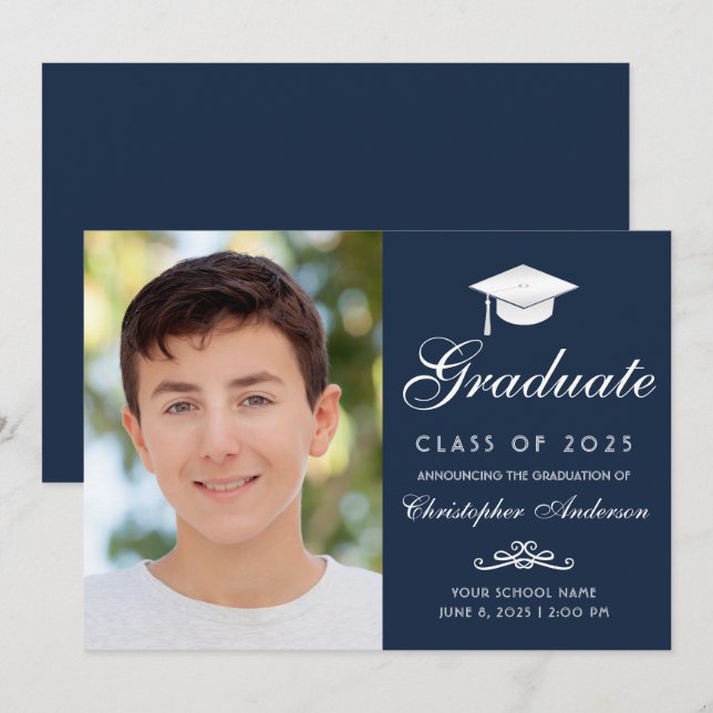 Elegant Navy Blue White Script Photo Graduation Announcement (Front/Back)