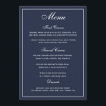 Elegant Navy Blue White Script Wedding Menu<br><div class="desc">An elegant way to show your guests their menu options. White text on a navy blue background. . An elegant script wedding font has been combined with a modern style all caps font creating a stylish,  yet user friendly wedding menu.

Ample space has been allocated for your menu options.</div>