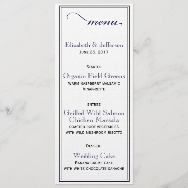 Elegant Navy Blue & White Script Wedding Menu Card (Front)