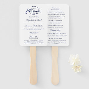 Elegant Navy Blue & White Script Wedding Program Hand Fan