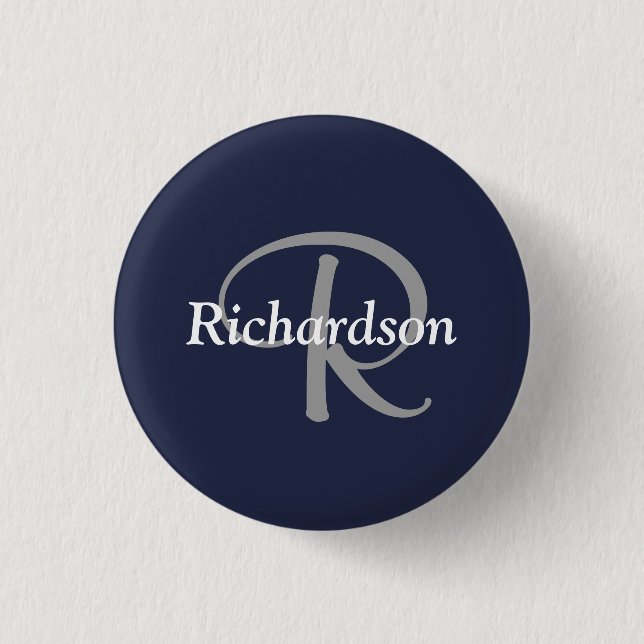 Elegant Navy Blue White Silver Grey Monogrammed 3 Cm Round Badge (Front)