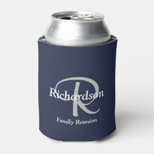 Elegant Navy Blue White Silver Grey Monogrammed Can Cooler