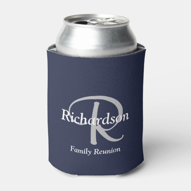 Elegant Navy Blue White Silver Grey Monogrammed Can Cooler (Can Front)