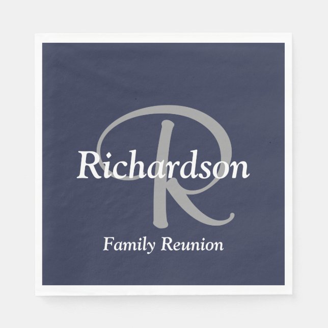 Elegant Navy Blue White Silver Grey Monogrammed Napkin (Front)
