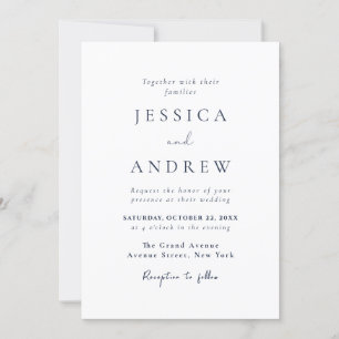 Elegant Navy Blue & White Simple Wedding Invitation