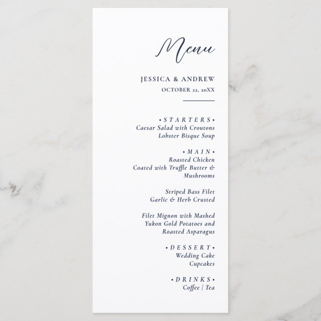 Elegant Navy Blue & White Simple Wedding Menu (Front)