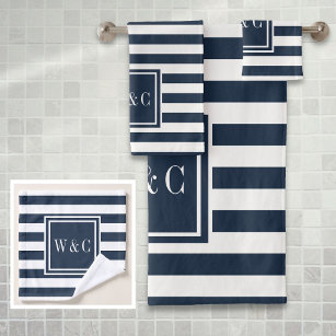 Elegant Navy Blue White Stripe Monogram Bath Towel Set