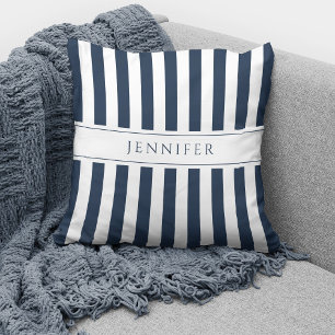Elegant Navy Blue & White Stripes Pattern Name Cushion