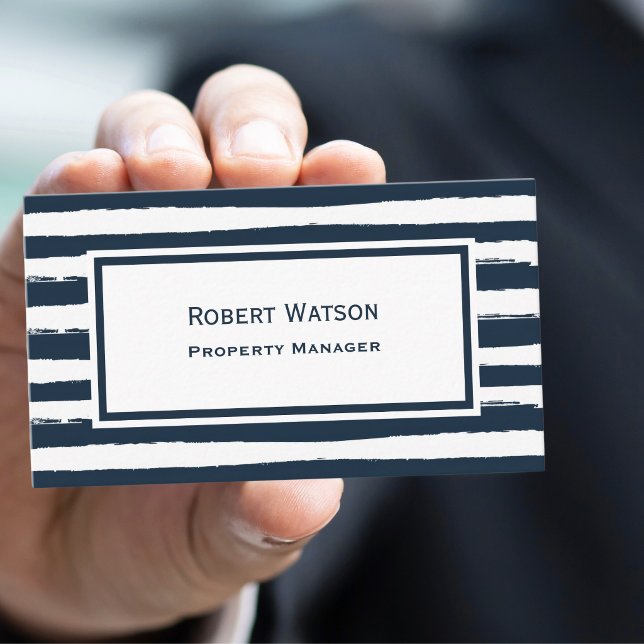 Elegant Navy Blue White Stripes QR-code Business Card (Creator Uploaded)