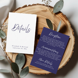 Elegant Navy Blue & White Wedding Details Card
