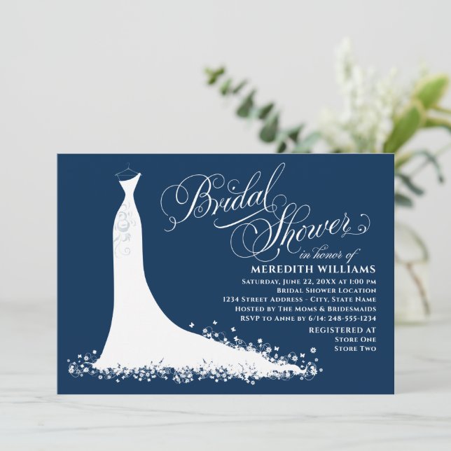 Elegant Navy Blue White Wedding Gown Bridal Shower Invitation (Standing Front)