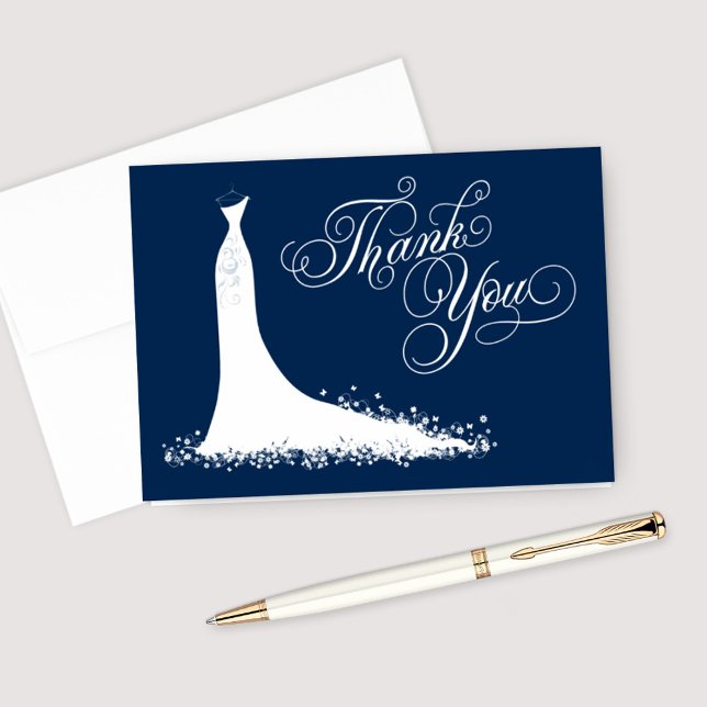 Elegant Navy Blue White Wedding Gown Bridal Shower Thank You Card (Creator Uploaded)
