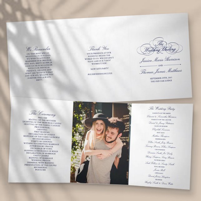 Elegant Navy Blue & White Wedding Tri-Fold Programme (Creator Uploaded)