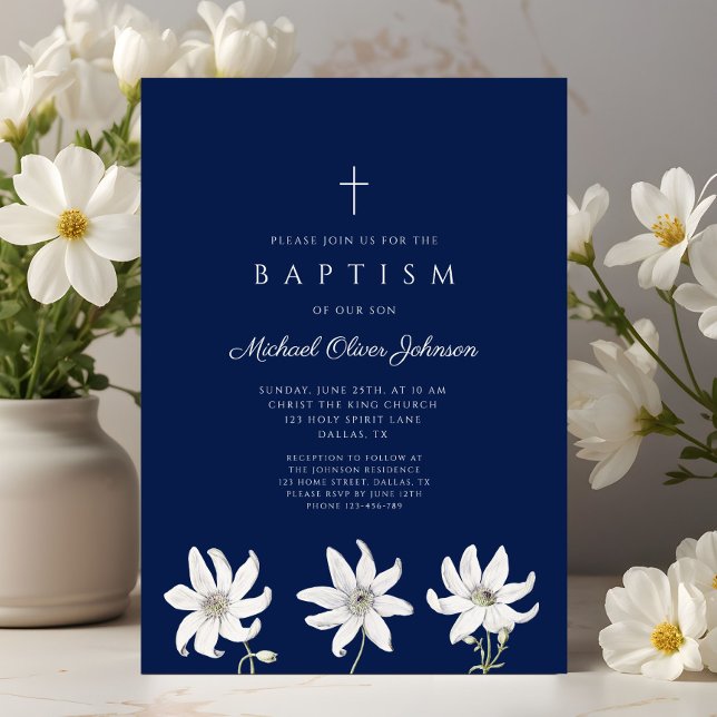 Elegant Navy Blue Wildflower Baptism Invitation (Elegant Navy Blue Wildflower Baptism Invitation)