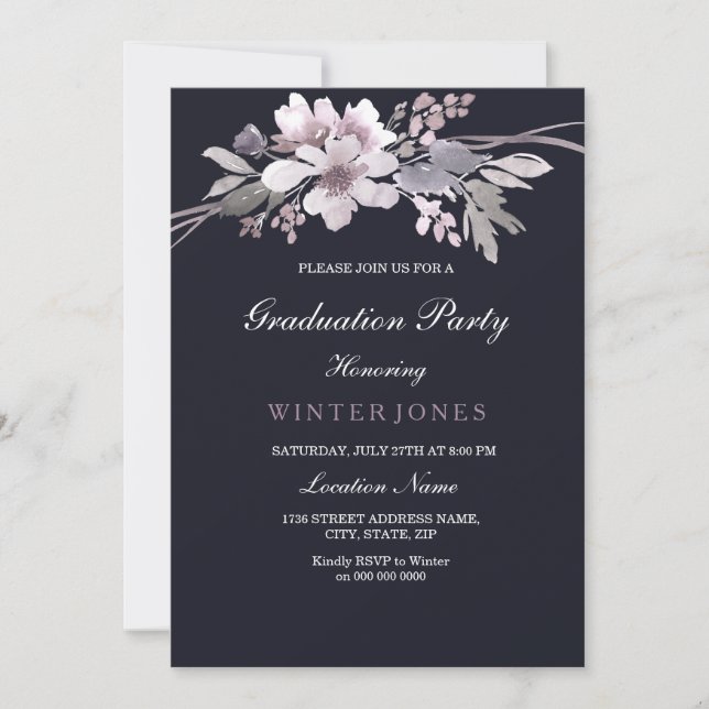 Elegant Navy Blue Winter Floral Graduation Invite (Front)