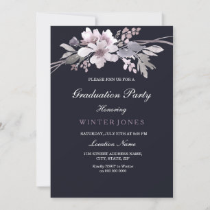 Elegant Navy Blue Winter Floral Graduation Invite