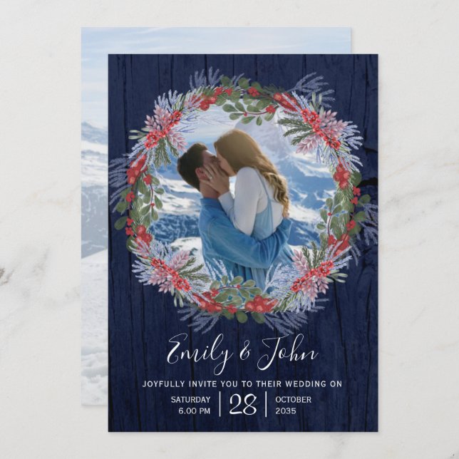 Elegant Navy Blue Winter Floral Wedding Invitation (Front/Back)