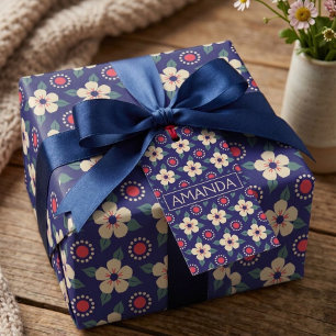 Elegant Navy Blue with Cream Flowers Wrapping Pape Paper