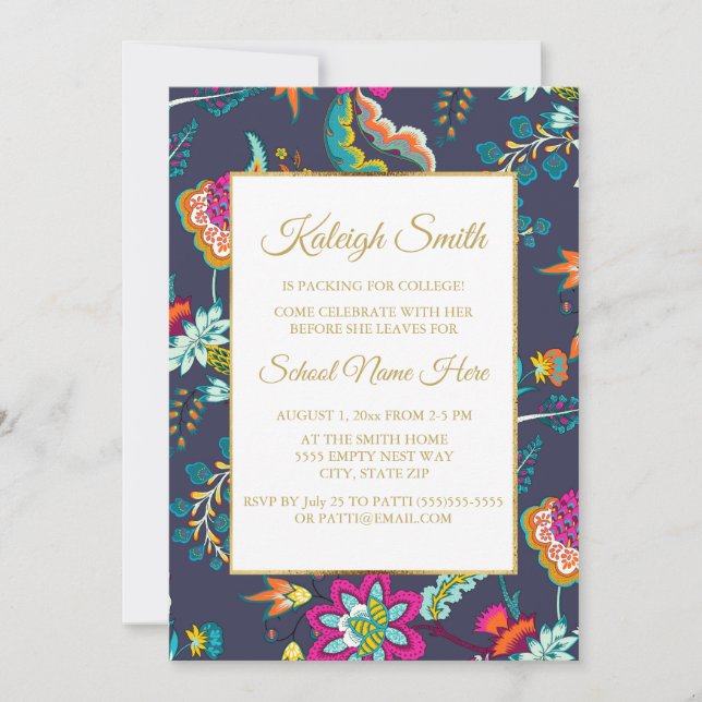 Elegant Navy Blue with Flowers Gold Trunk Party Invitation (Front)