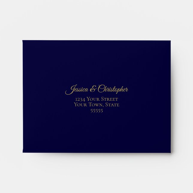Elegant Navy Blue with Gold Lace Wedding RSVP Envelope (Front)