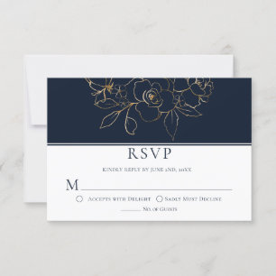 Elegant Navy Blue with Gold Sketched Roses RSVP