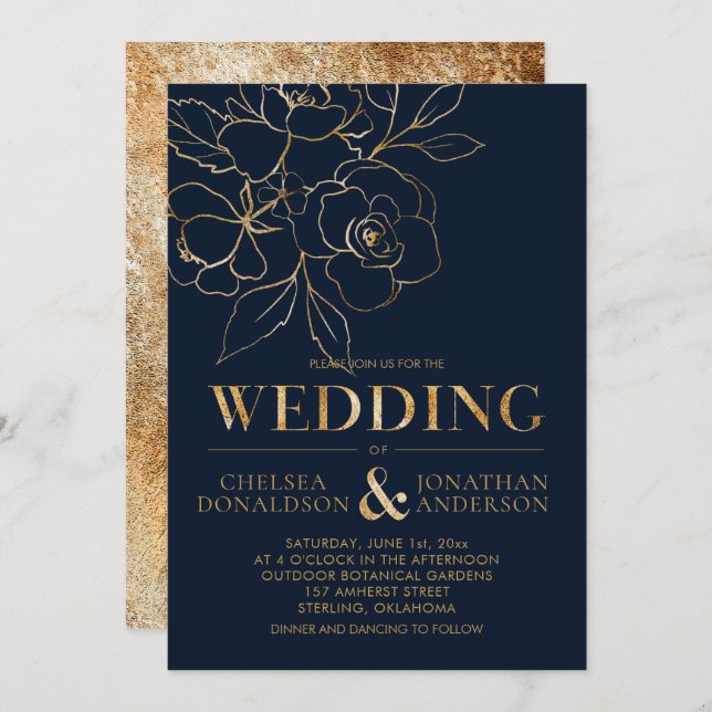 Elegant Navy Blue with Gold Sketched Roses Wedding Invitation (Front/Back)