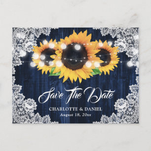 Elegant Navy Blue Wood Floral Lace Sunflower Announcement Postcard