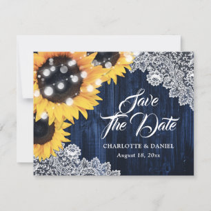 Elegant Navy Blue Wood Lace Sunflower Wedding Announcement