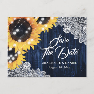 Elegant Navy Blue Wood Lace Sunflower Wedding Announcement Postcard