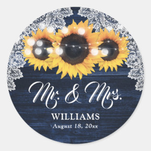 Elegant Navy Blue Wood Lace Sunflower Wedding Classic Round Sticker
