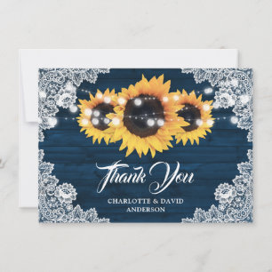 Elegant Navy Blue Wood Lace Sunflower Wedding Thank You Card