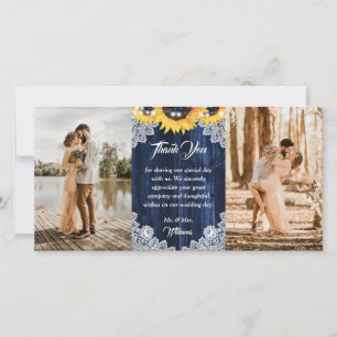 Elegant Navy Blue Wood Sunflower Photo Wedding Thank You Card