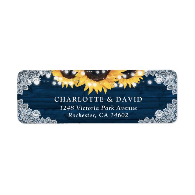 Elegant Navy Blue Wood Sunflower Return Address (Front)