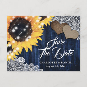 Elegant Navy Blue Wood Sunflower Wedding Announcement Postcard