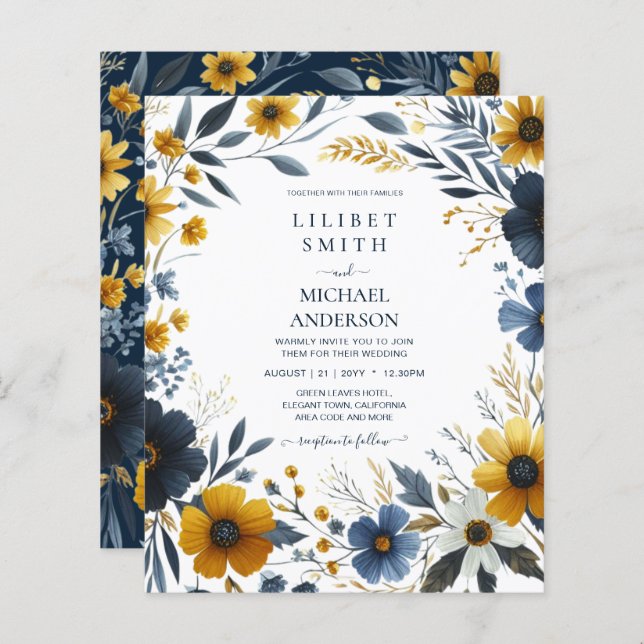 Elegant Navy Blue Yellow Gold Floral Wedding (Front/Back)