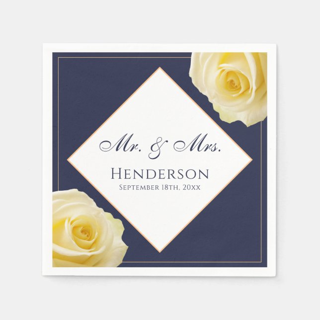 Elegant Navy Blue Yellow Rose Floral Wedding Party Napkin (Front)