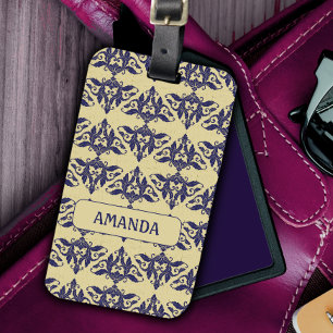 Elegant Navy Blue Yellow Vintage Damask Monogram Luggage Tag