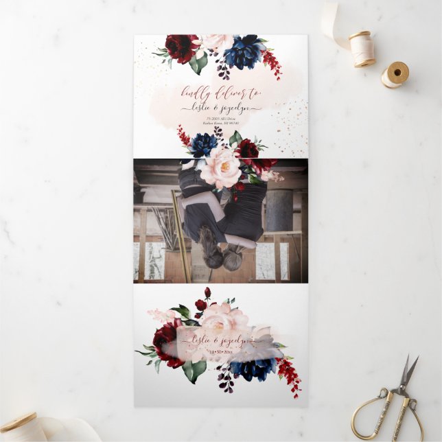 Elegant Navy Blush Burgundy Watercolor Flowers Tri-Fold Invitation (Outside)