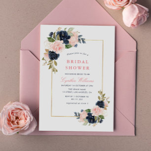 elegant navy & blush floral bridal shower invitation