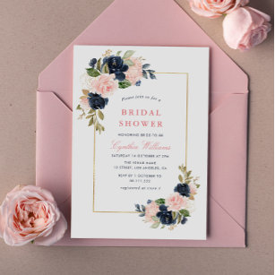 elegant navy & blush floral bridal shower invitation