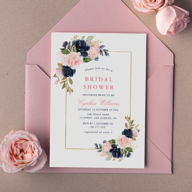 elegant navy & blush floral bridal shower invitation (Creator Uploaded)