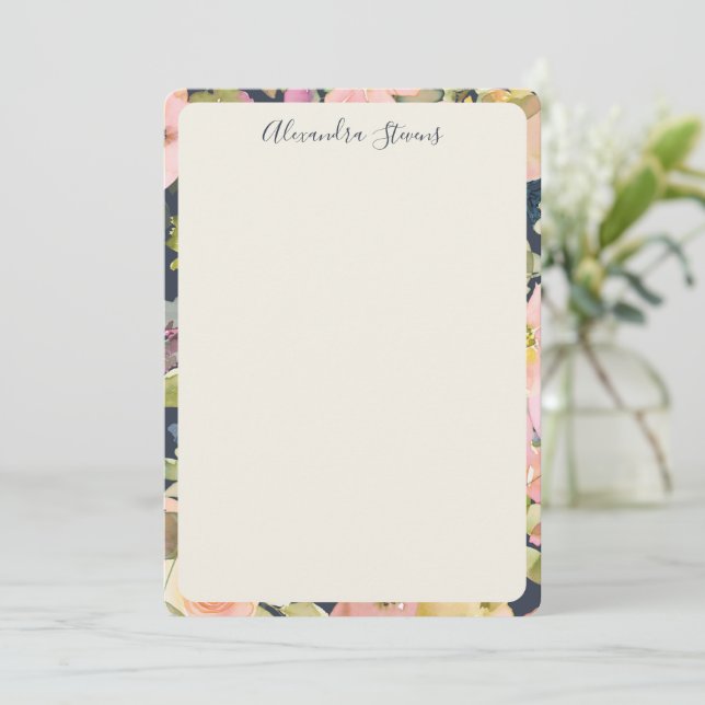 Elegant Navy Blush Floral Personalized Script Name Card (Standing Front)