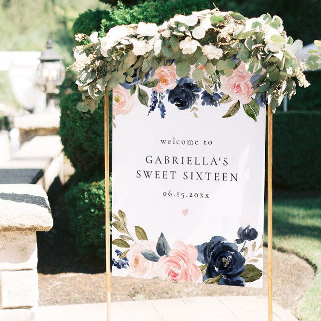 Elegant Navy Blush Floral Sweet 16 Welcome Poster (Creator Uploaded)