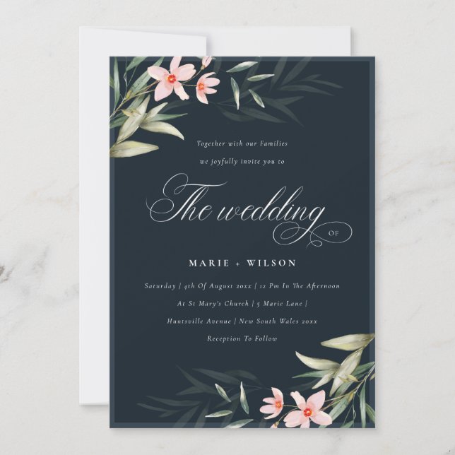 Elegant Navy Blush Greenery Floral Wedding Invite (Front)