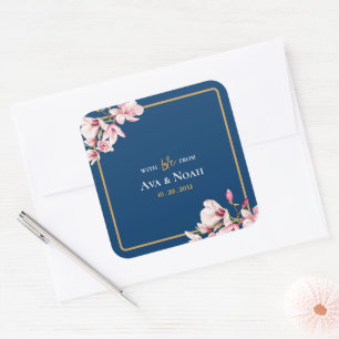 Elegant Navy Blush Pink Magnolia Floral Wedding Square Sticker
