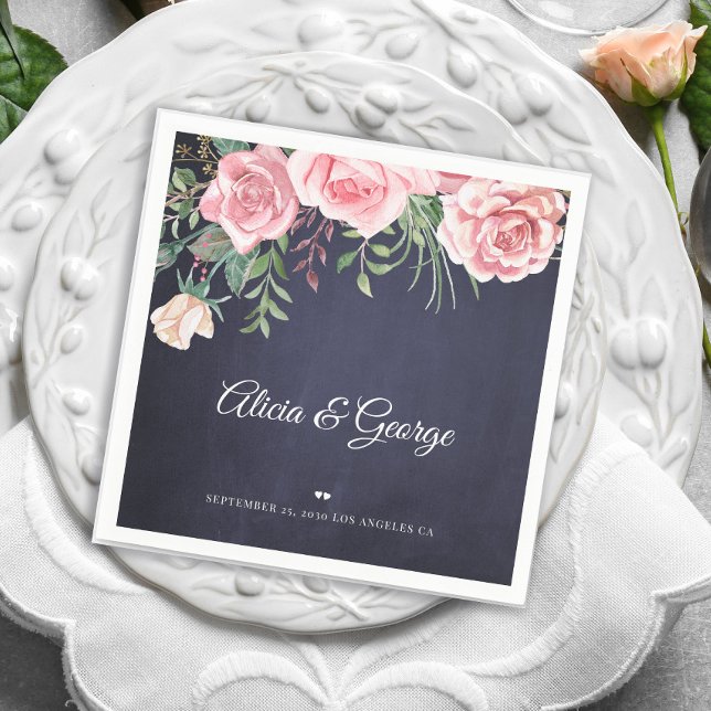 Elegant navy blush pink watercolor floral wedding napkin (Creator Uploaded)