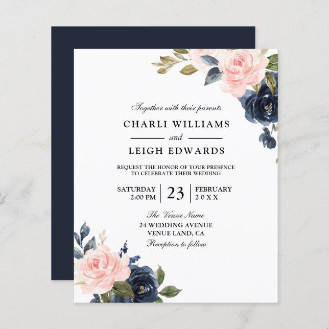Elegant Navy Blush Wedding on a Budget Invitation (Front/Back)