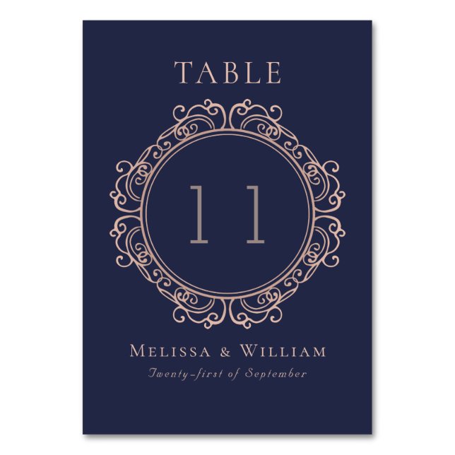 Elegant Navy Blush Wedding Table Number (Front)