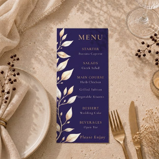 Elegant Navy Botanical Border Wedding Menu