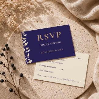 Elegant Navy Botanical Border Wedding RSVP Card